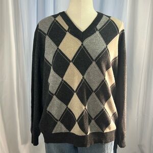 New Italian cashmere argyle pullover v-neck long sleeve gray tan men’s large